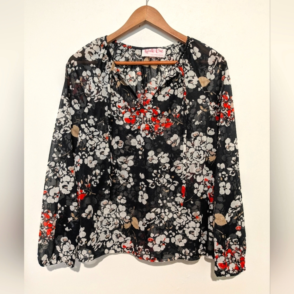 Boho Floral Semi Sheer Keyhole Neckline Blouse Top Vintage 70s M L B44